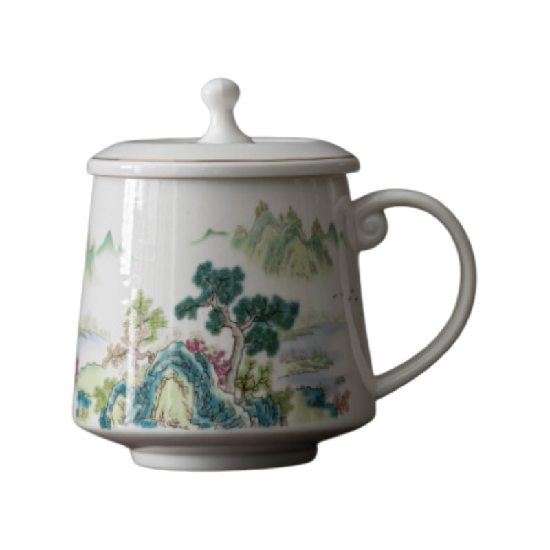 Chinese Landscape Porcelain Mug With Lid