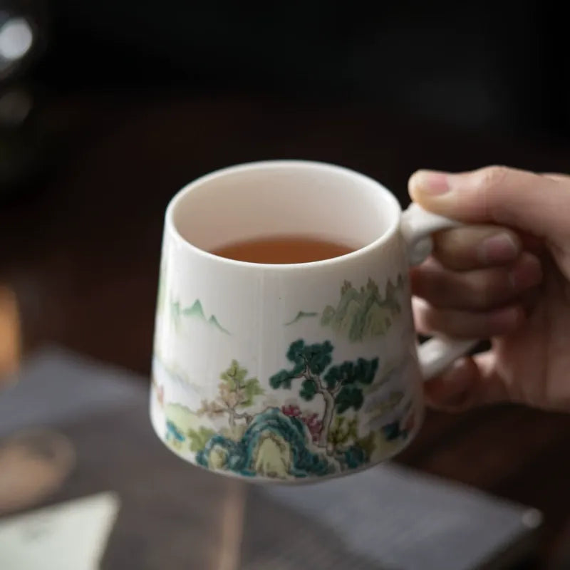 Chinese Landscape Porcelain Mug With Lid