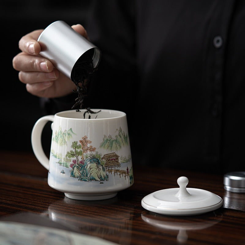 Chinese Landscape Porcelain Mug With Lid