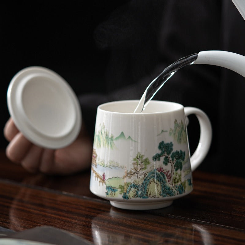 Chinese Landscape Porcelain Mug With Lid